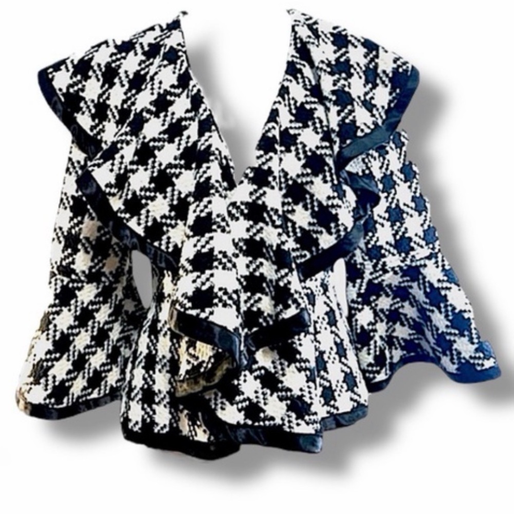Ryu Black and White Houndstooth Ruffle, Shawl Bell Sleeve Jacket
